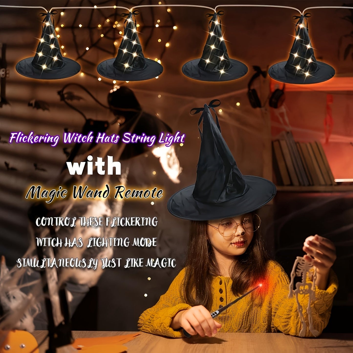 Glowing Hanging Witch Hats with Remote (8 Pack)