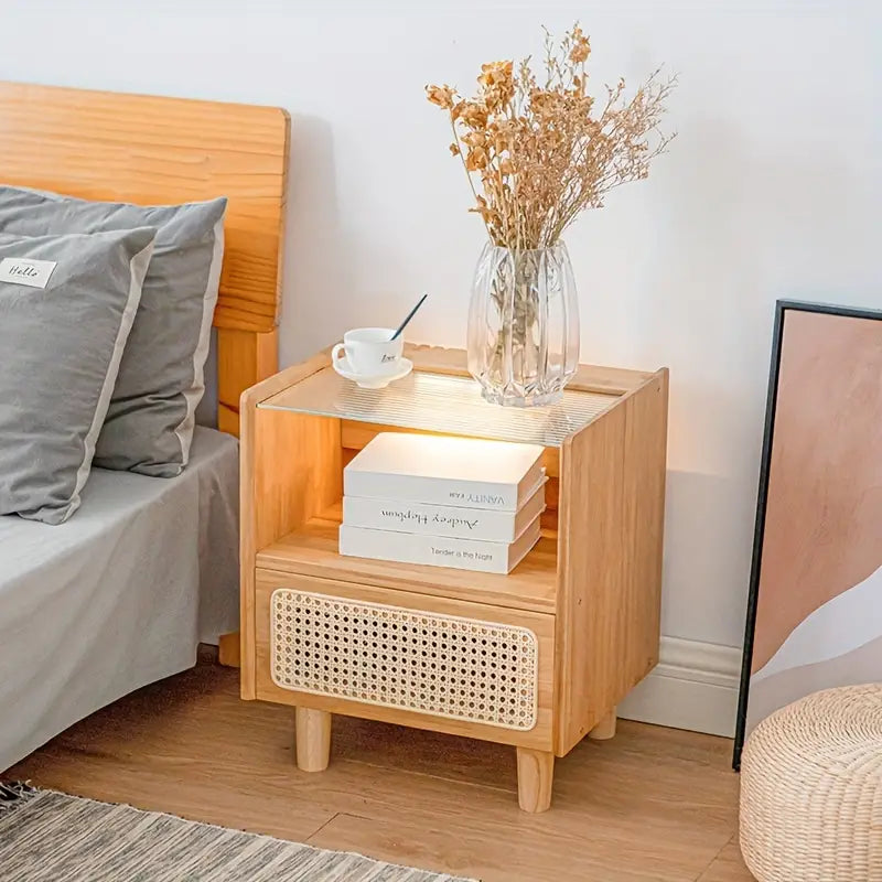 Modern Minimalist Bedside Table w/ Storage - Bamboo