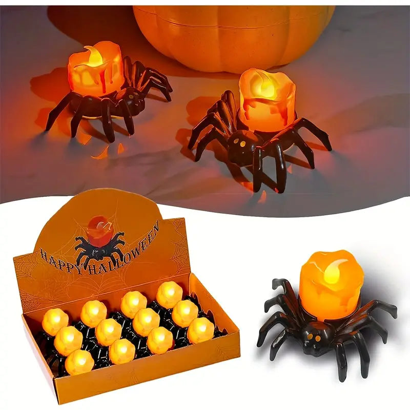 Arachnid Glow: 12Pack Halloween Spider Flameless Candlelight