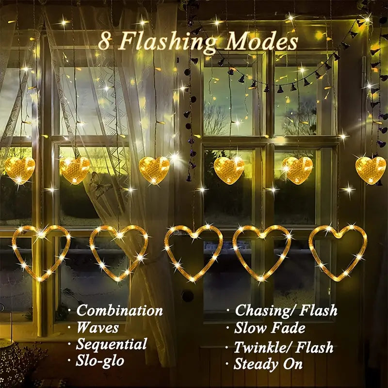 Waterproof Heart-Shaped LED Curtain String Lights - 138 LEDs, 8 Flashing Modes