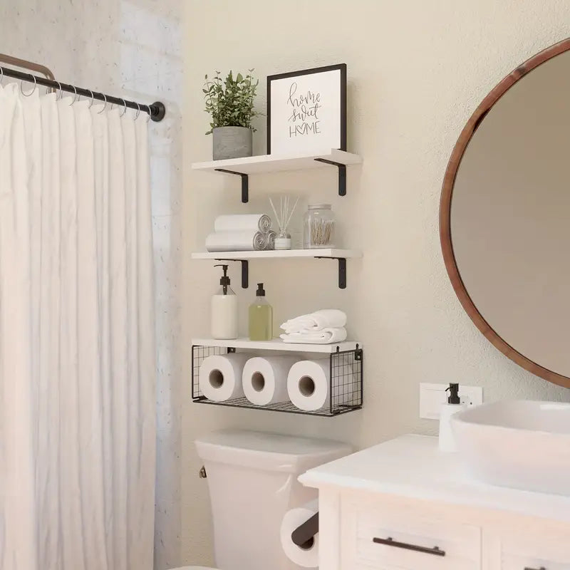 Elevate your bathroom decor with these sleek wood floating shelves