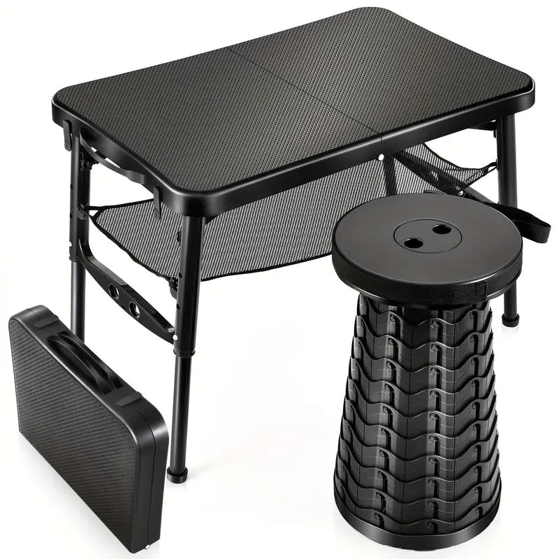 Retractable Folding Table and Adjustable Stool Set