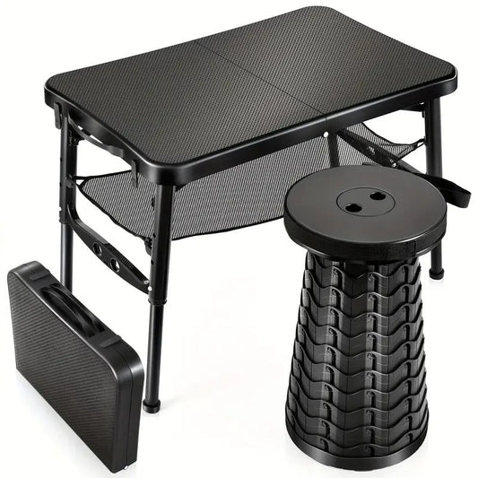 Retractable Folding Table and Adjustable Stool Set