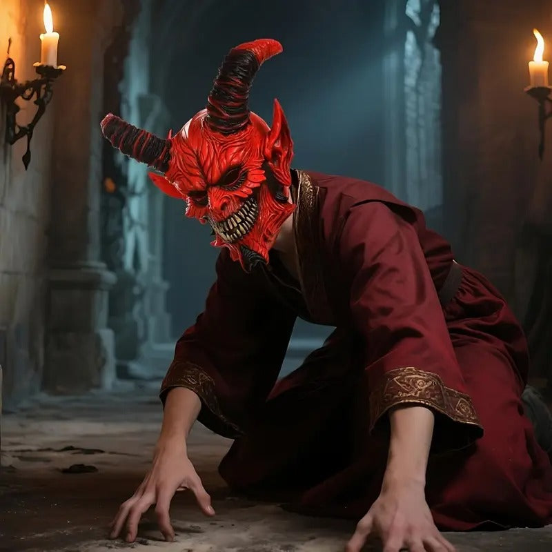 Demon Horror Mask Latex Headgear Red with Horns