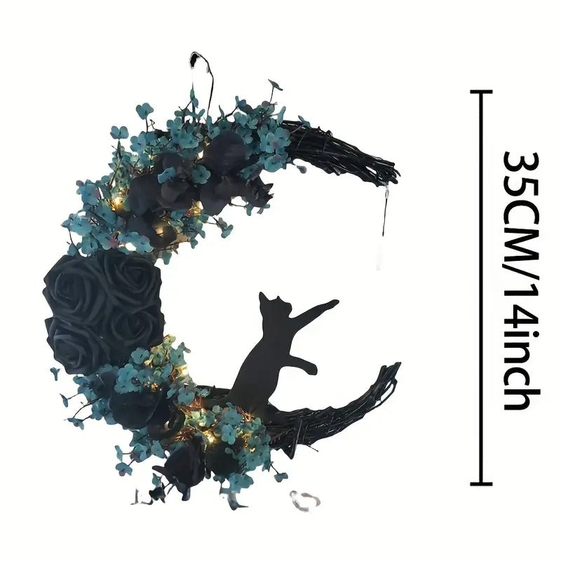 Gothic Cat Moon Wreath Halloween Door Decor