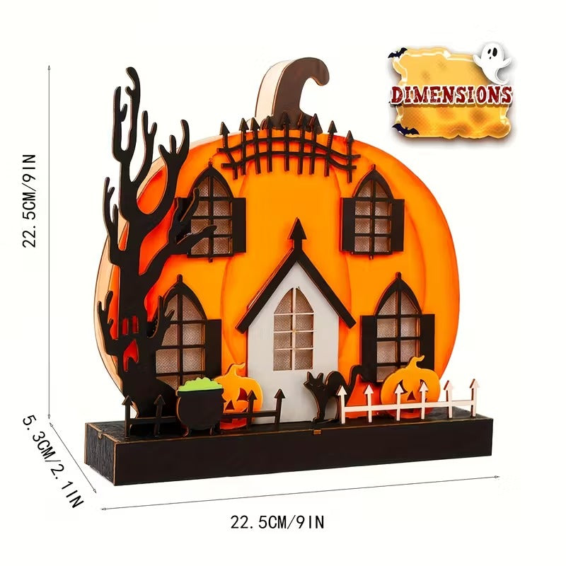 Wooden Lighted Pumpkin House Halloween Tabletop Decoration