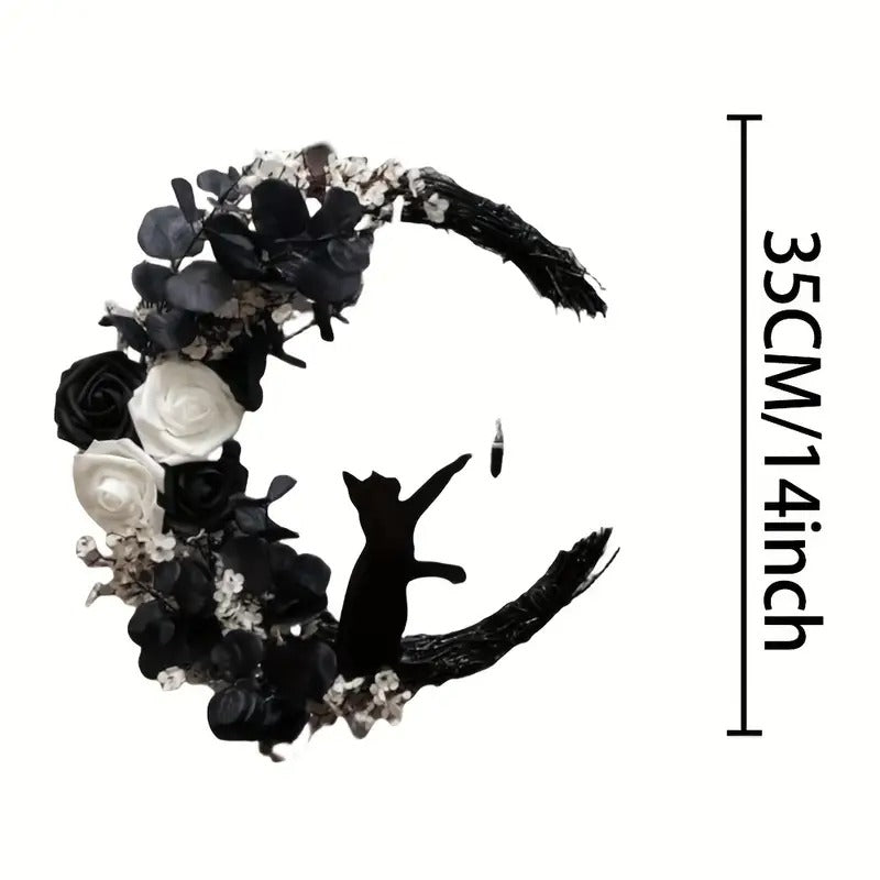 Gothic Cat Moon Wreath Door Hanging Decor