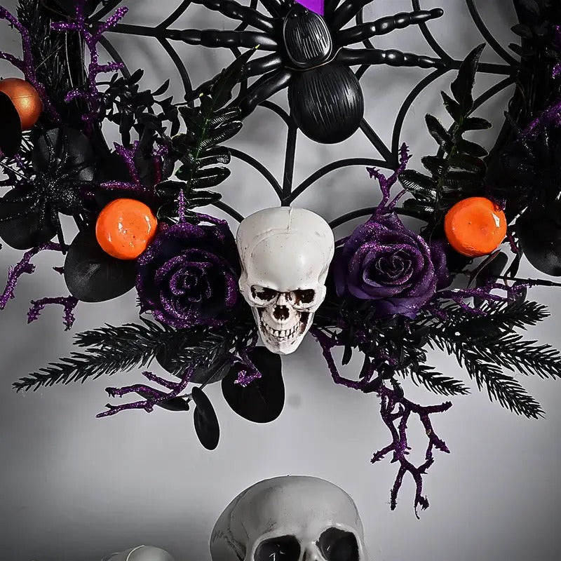Halloween Wreath Skull and Purple Flower Door Decor