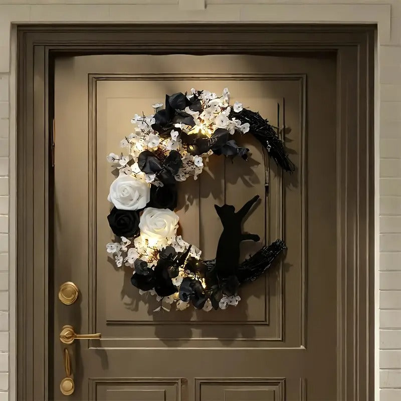 Gothic Cat Moon Wreath Door Hanging Decor
