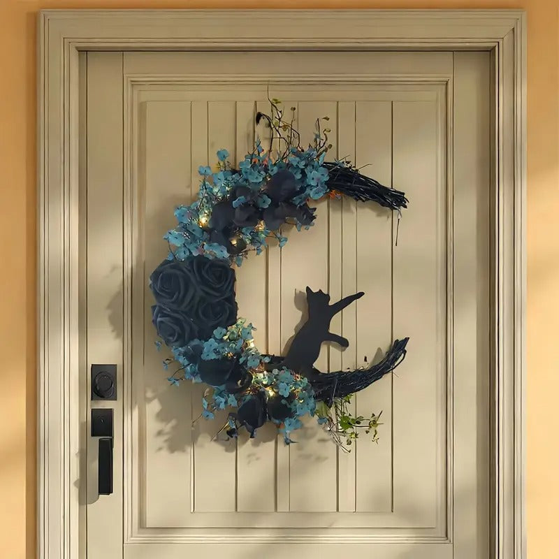 Gothic Cat Moon Wreath Halloween Door Decor