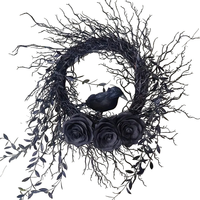 Halloween Wreath Crow & Dark Blue Roses