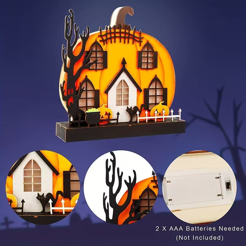 Wooden Lighted Pumpkin House Halloween Tabletop Decoration