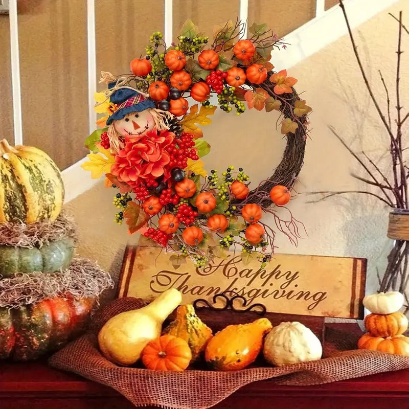 Halloween Autumn Scarecrow Wreath with Pumpkins