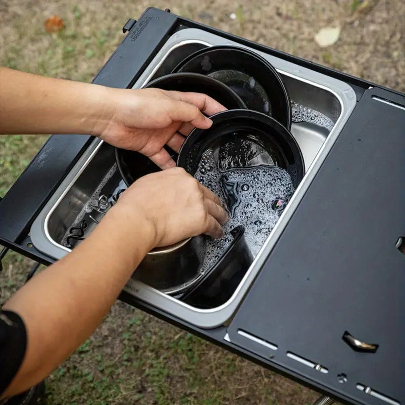 Rectangular Stainless Steel Camping Sink with Wooden Lid