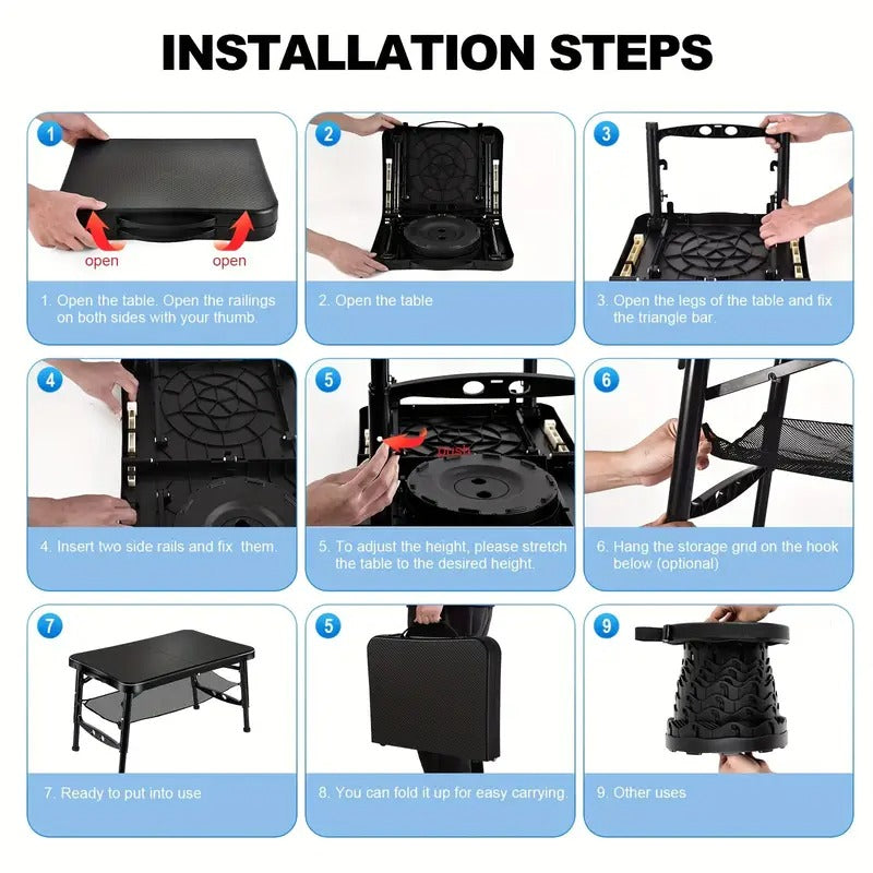 Retractable Folding Table and Adjustable Stool Set