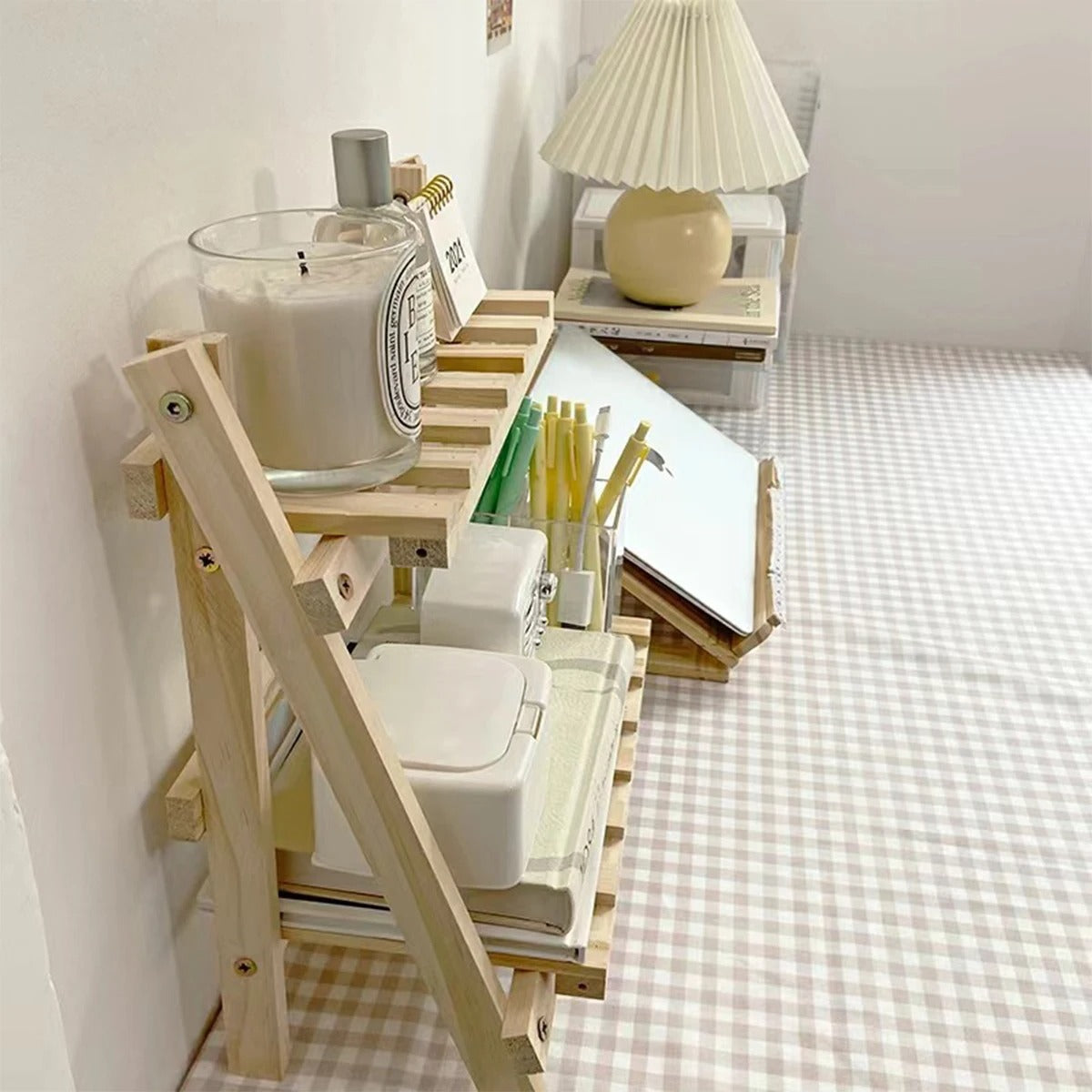 Wooden Desktop Storage Rack Double Layer Folding Shelf