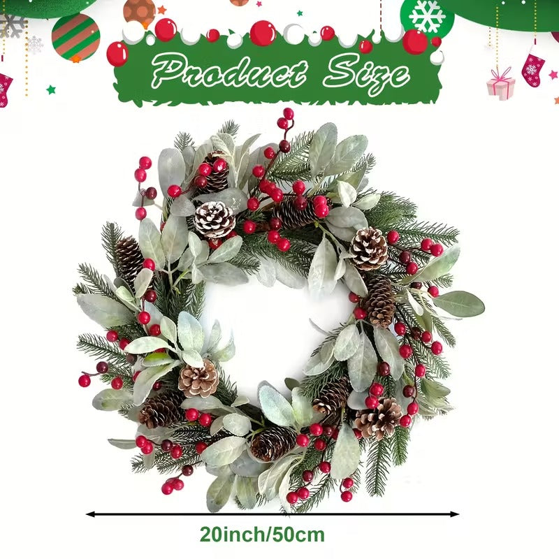 Christmas Wreath Wall Hanging with Pine Cones & Red Berries