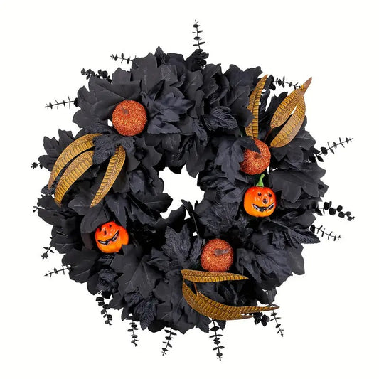 Halloween Black Pumpkin Maple Leaf Door Wreath