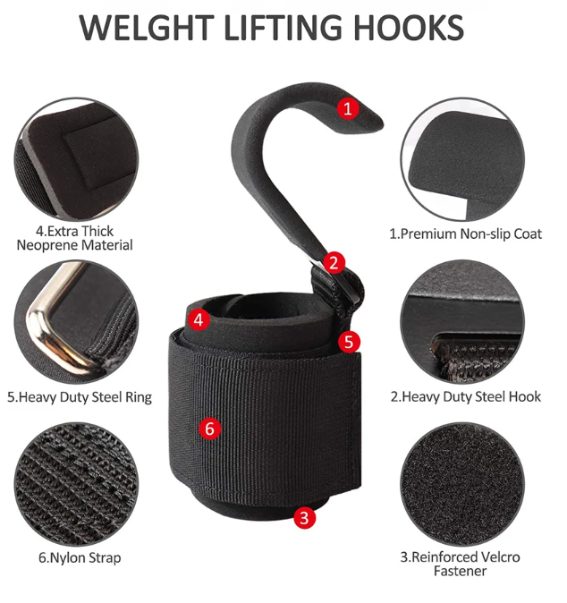 PowerLift Hook Grips with Wrist Wraps & Hand-Bar Straps