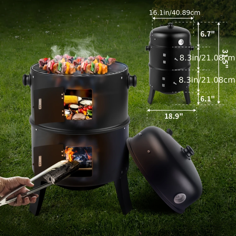 3-in-1 Charcoal Smoker Grill Outdoor BBQ Cooker