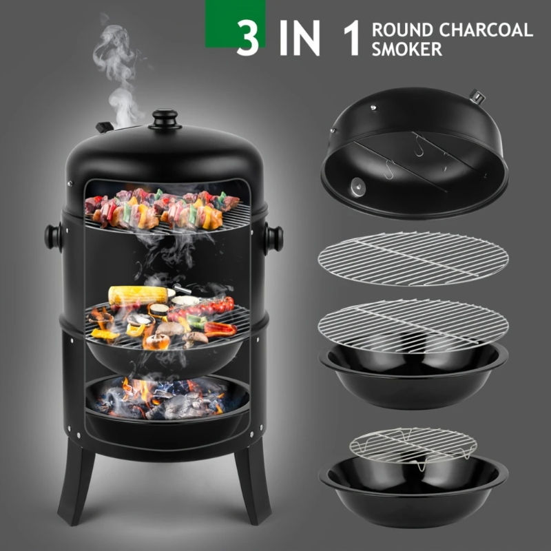 3-in-1 Charcoal Smoker Grill Outdoor BBQ Cooker