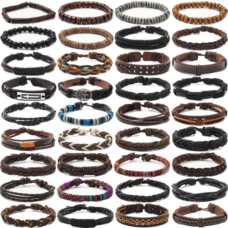 Men's Vintage PU Leather Bracelet Set (36pcs)