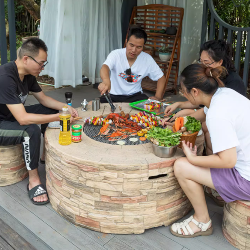 Outdoor Stone Charcoal Barbecue Grill with Hot Pot