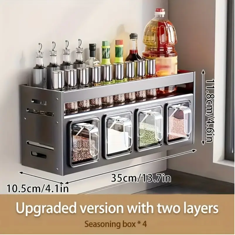 Wall-Mounted Aluminum Spice Rack with Clear Jars