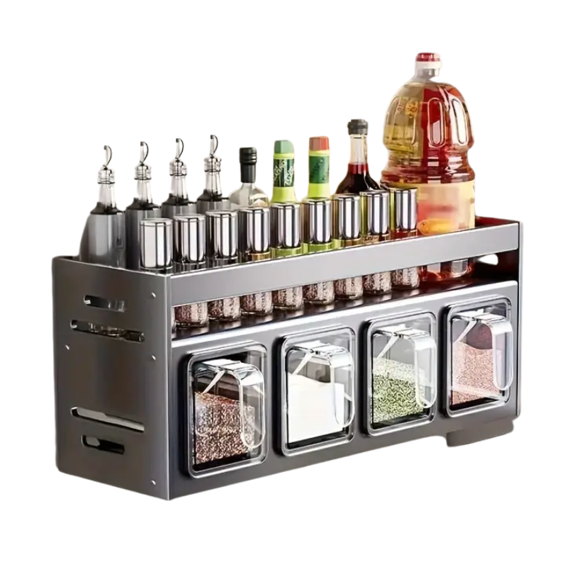 Wall-Mounted Aluminum Spice Rack with Clear Jars