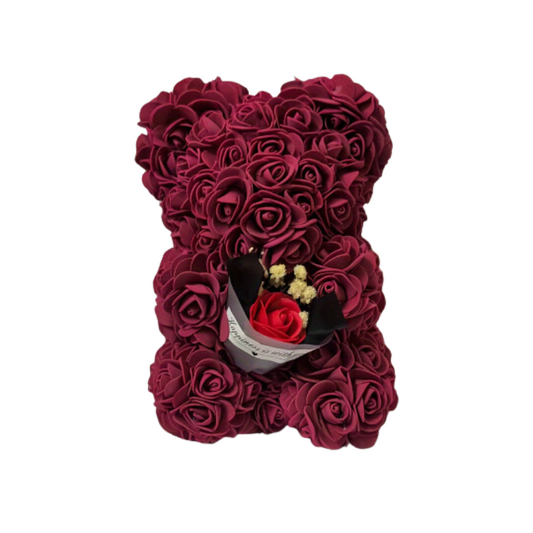 Preserved Rose Teddy Bear Floral Gift (Burgundy)