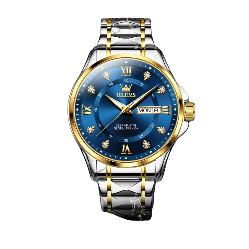 Quartz Couple Watch Stainless Steel Waterproof Pair (Gold Blue Men)
