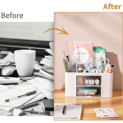 White Pen Organizer with 2 Drawers - Multi-Functional Desk and Office Supplies Holder- White