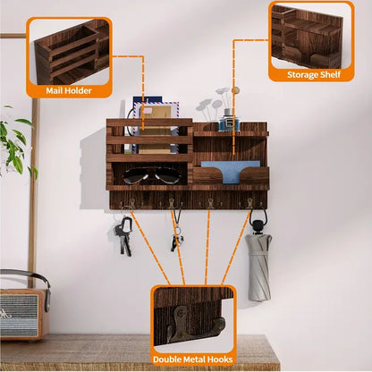 Traditional Wooden Wall-Mounted Storage Shelf with Hooks