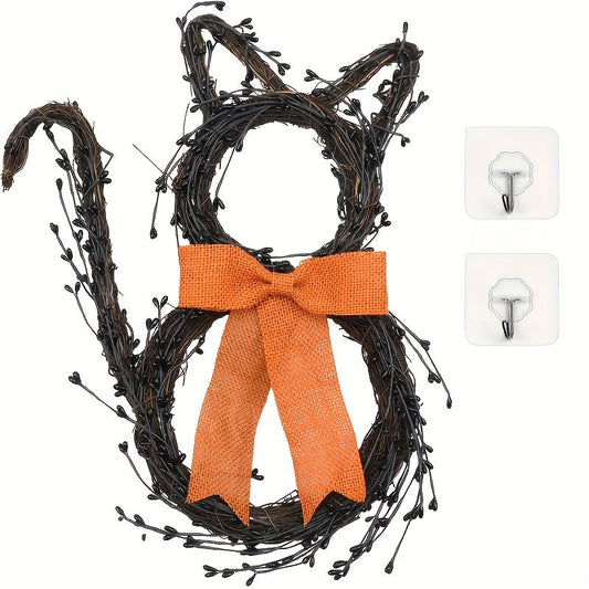 Black Cat Silhouette Twig Wreath Halloween Decoration