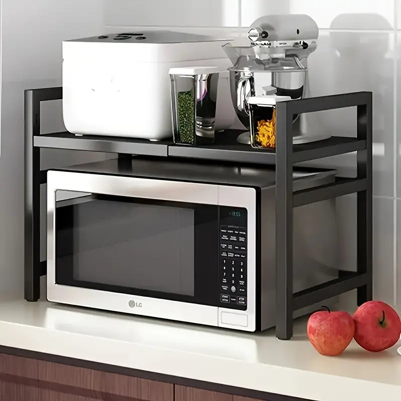 Retractable Microwave Oven Storage Rack - Single Layer, Countertop Bracket Shelf (Black)
