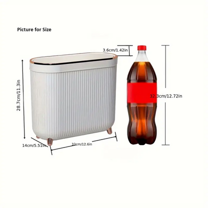 Compact Toilet Trash Can with Quiet Close Lid - White Gray Plastic, Space-Saving Design