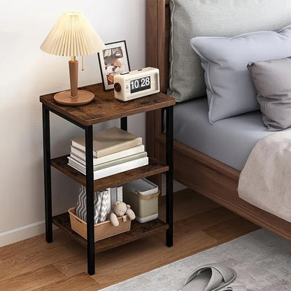 Retro Wooden 3-Layer Bedside Storage Rack Table