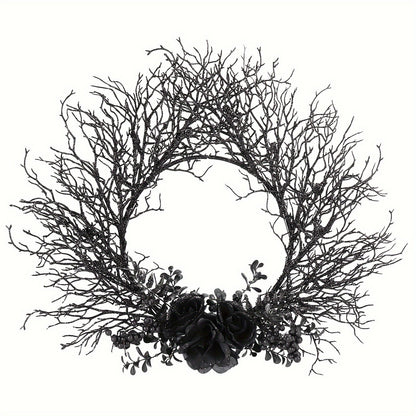Halloween Deadwood Wreath Black Roses Wall Hanging