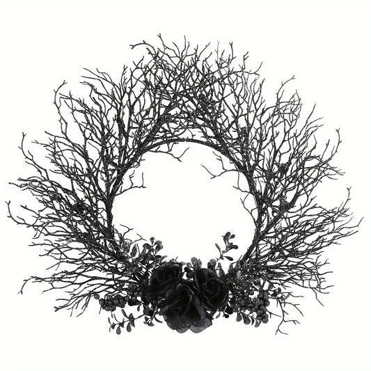 Halloween Deadwood Wreath Black Roses Wall Hanging