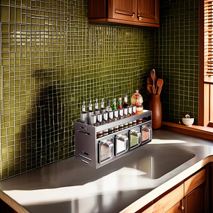 Wall-Mounted Aluminum Spice Rack with Clear Jars