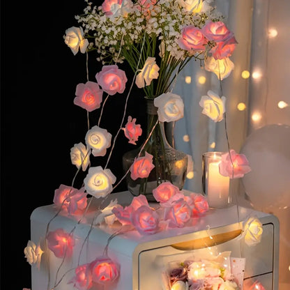 LED Foam Rose Flower String Lights - Touch-Controlled Small Lantern (Pink & White)