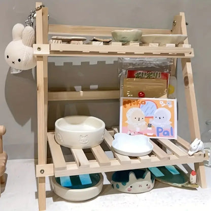 Organize in style with this sturdy wooden double-layer trapezoidal storage rack