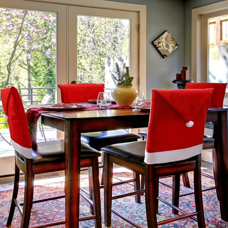 4Pcs Christmas Chair Covers - Santa Claus Red Hat Snowflake Chair Xmas Cap