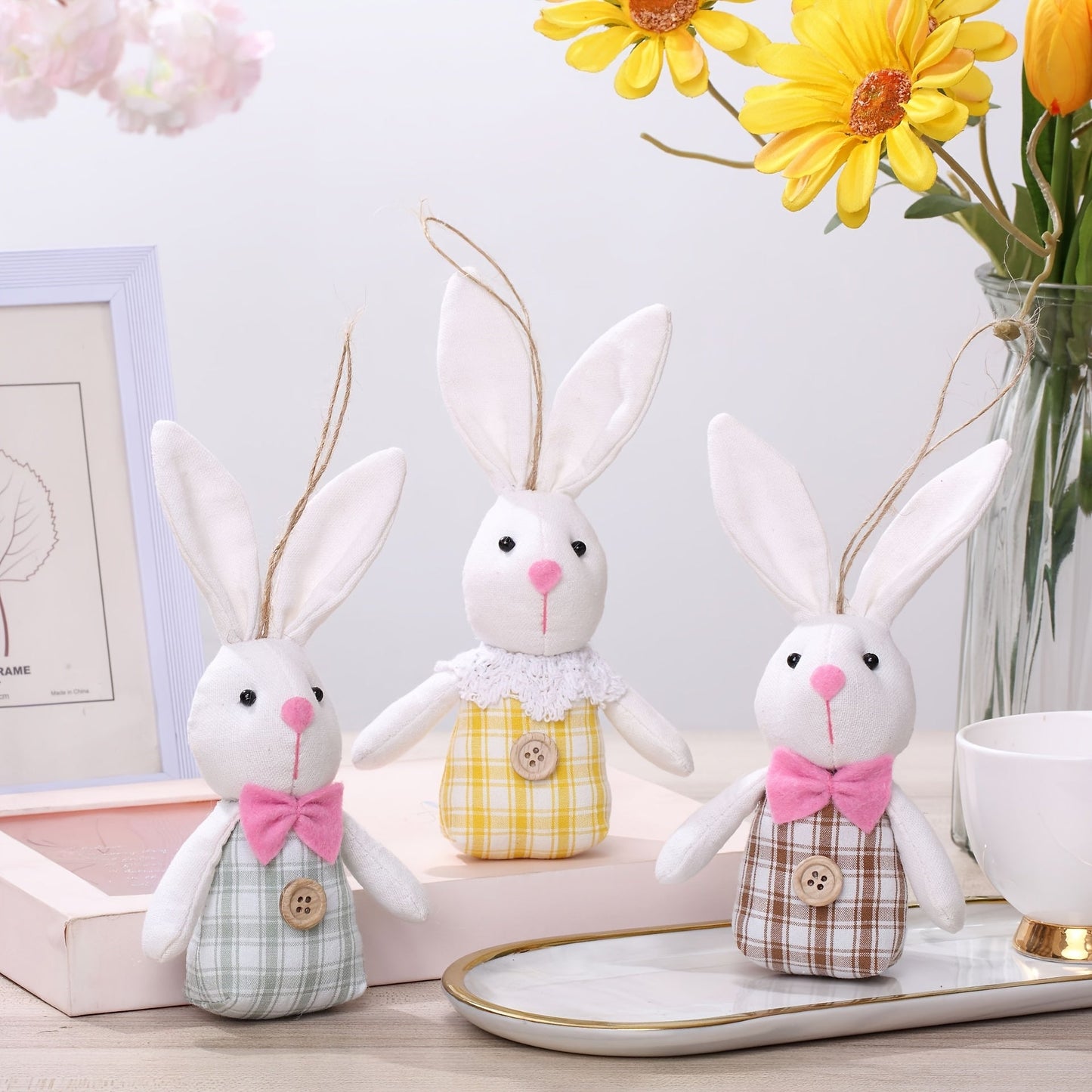 6pcs Easter Bunny Plush Decorations with Bow Ties