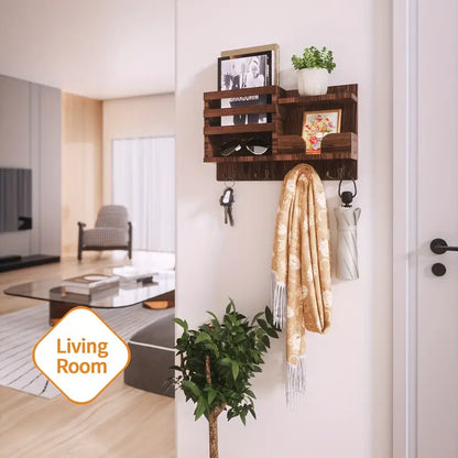 Traditional Wooden Wall-Mounted Storage Shelf with Hooks