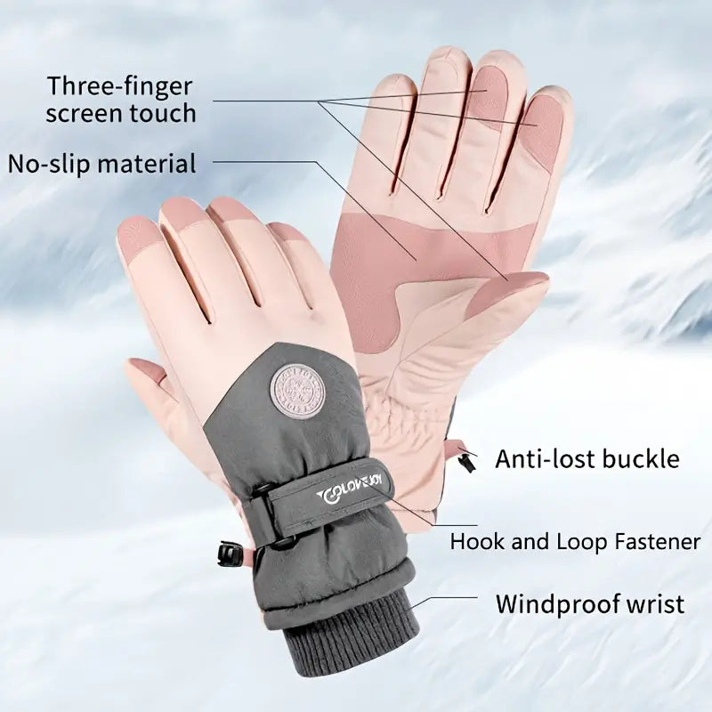 Cozy Pink Winter Couple Ski Gloves - Adjustable Closure, Non-slip Touch Screen Gloves