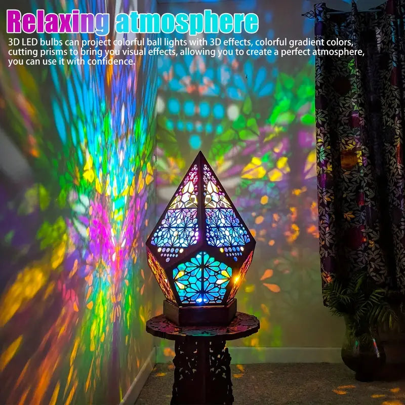 Wooden Bohemian Floor Lamp with USB Charging Port - Retro LED Colorful Diamond Lights