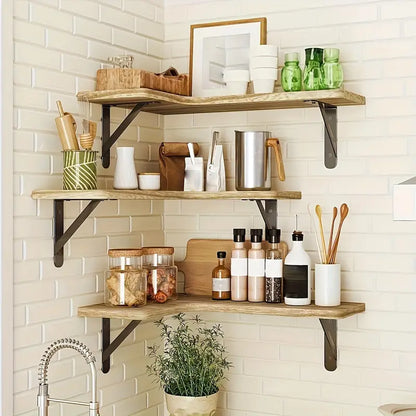 Set of 5 Rustic Wooden Corner Floating Shelves - Wall Mounted Storage Racks