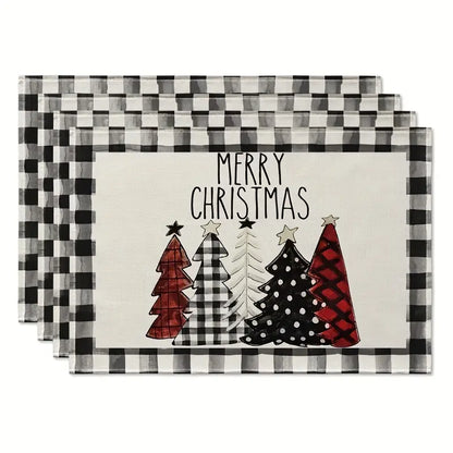 Set of 4 Buffalo Plaid Christmas Trees Placemats - Festive Winter Table Mats