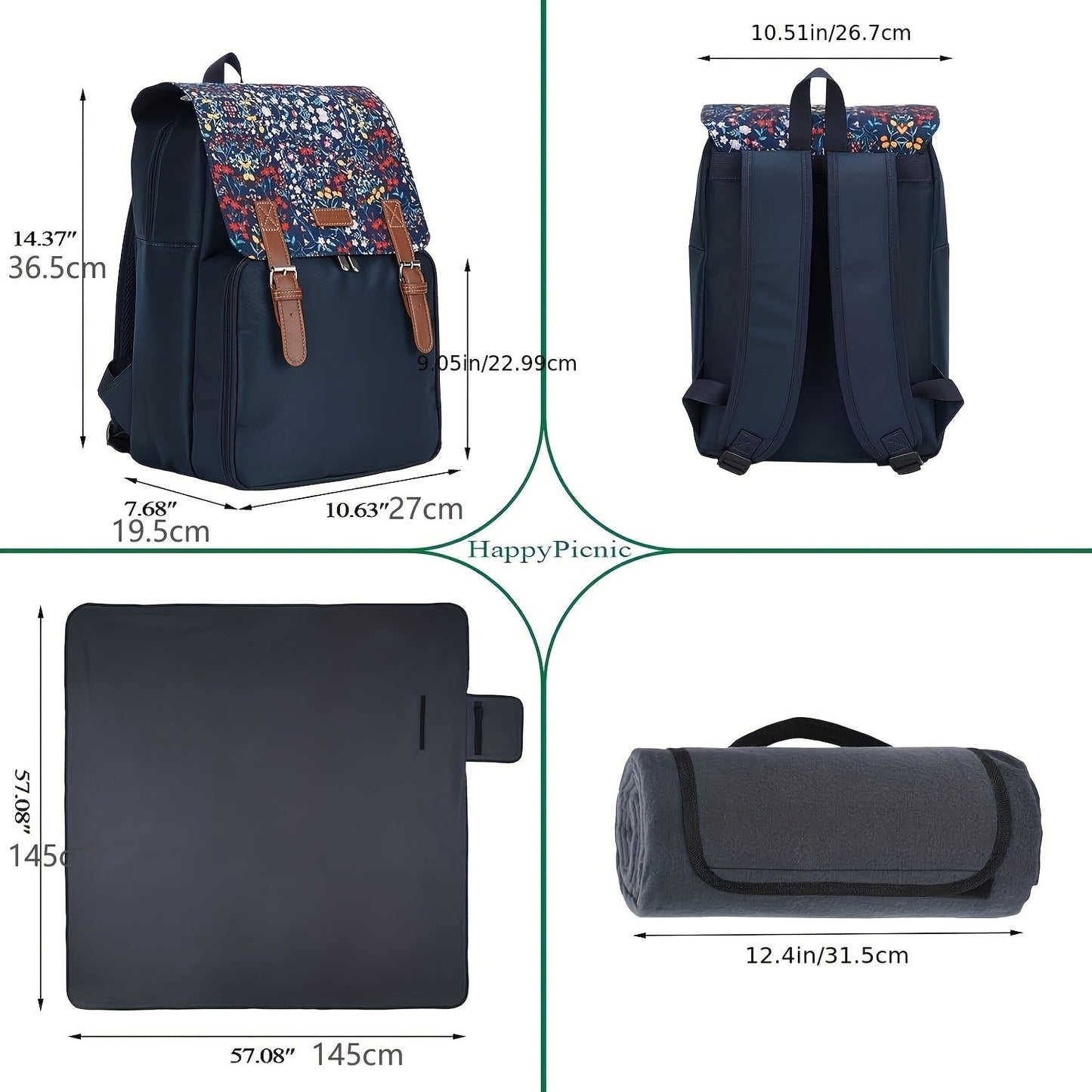 Insulated Picnic Backpack Set for 4 with Blanket